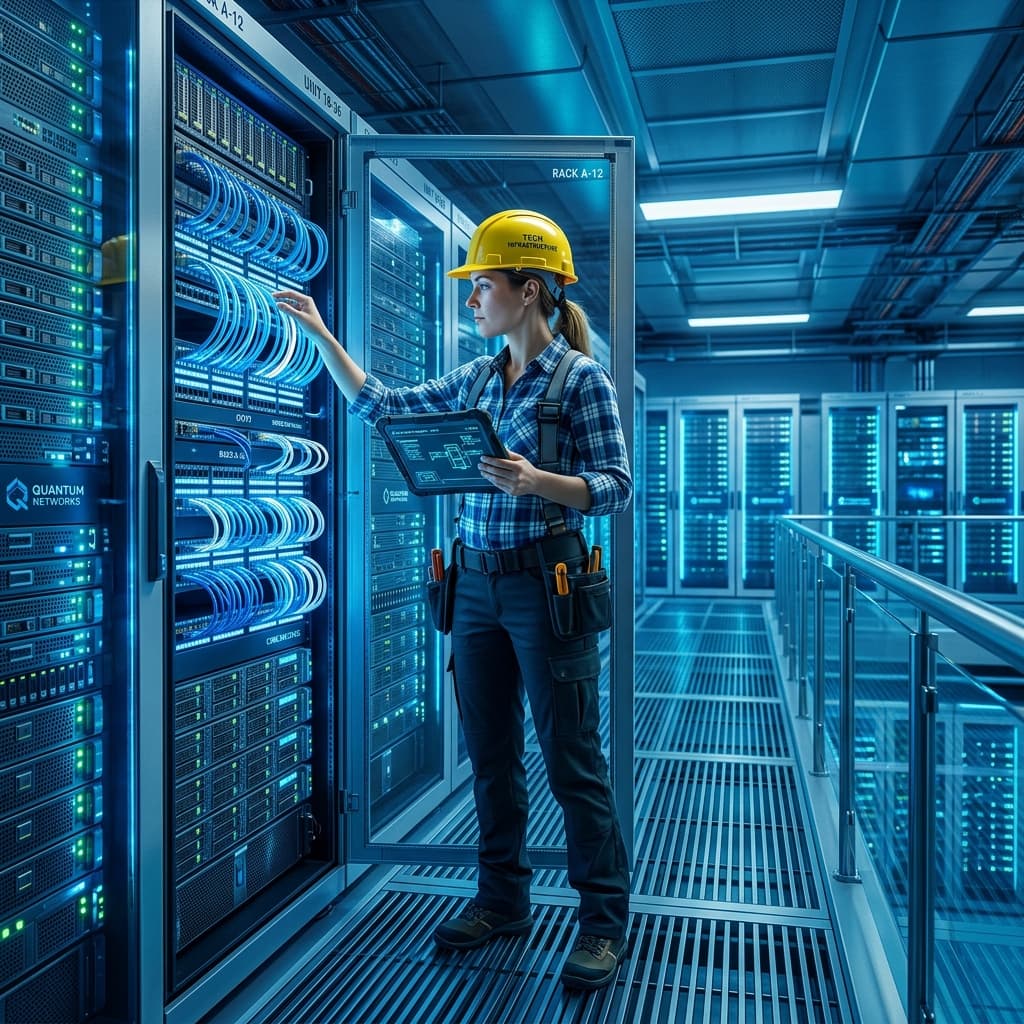 Network technician working in server room